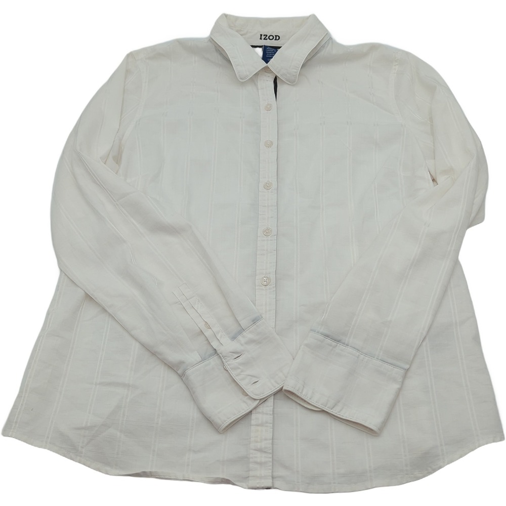 IZOD Womens White Long Sleeve Button Down Shirt Tonal Stripe Size Large